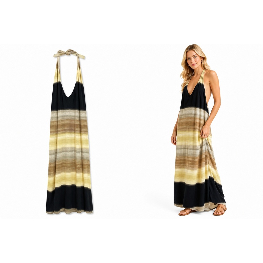 Tea & Honey S Festival Resortwear Striped Halter Maxi Dress Backless Boho Resort